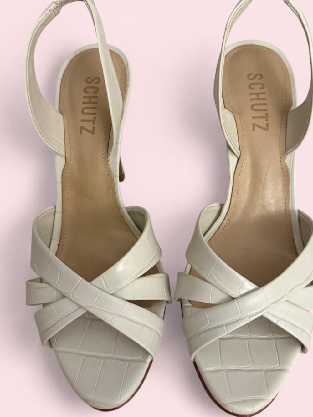 SCHUTZ Cream Croc-Embossed Cross-Strap Slingback Heels